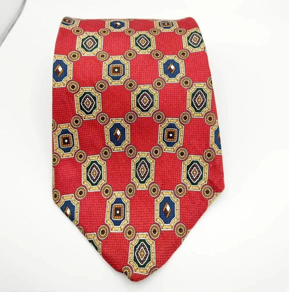 Tommy Hilfiger Silk Necktie Tie Red Green Cream Geometric Pattern Made in USA - Picture 1 of 7